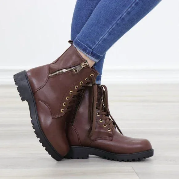 Faux leather brown laced up combat boots - Picture 4 of 11